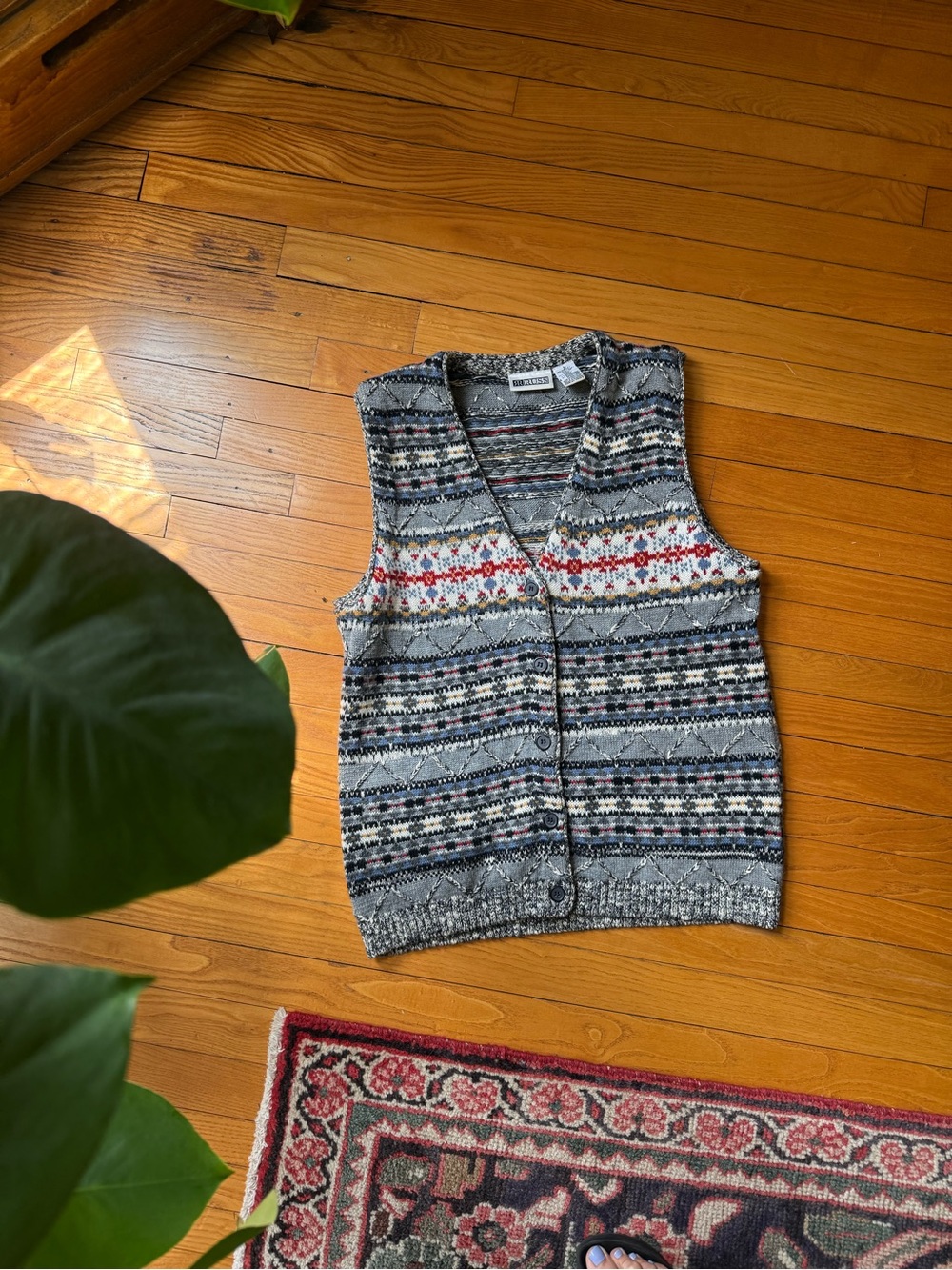 Russ Grey Fair Isle V-Neck Button Vest with Red Accents